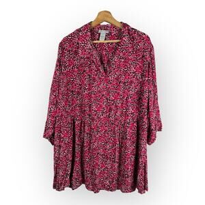 Catherines Womens 1X Polka Dot 3/4 Sleeve Button Front Tunic Blouse Top Pink